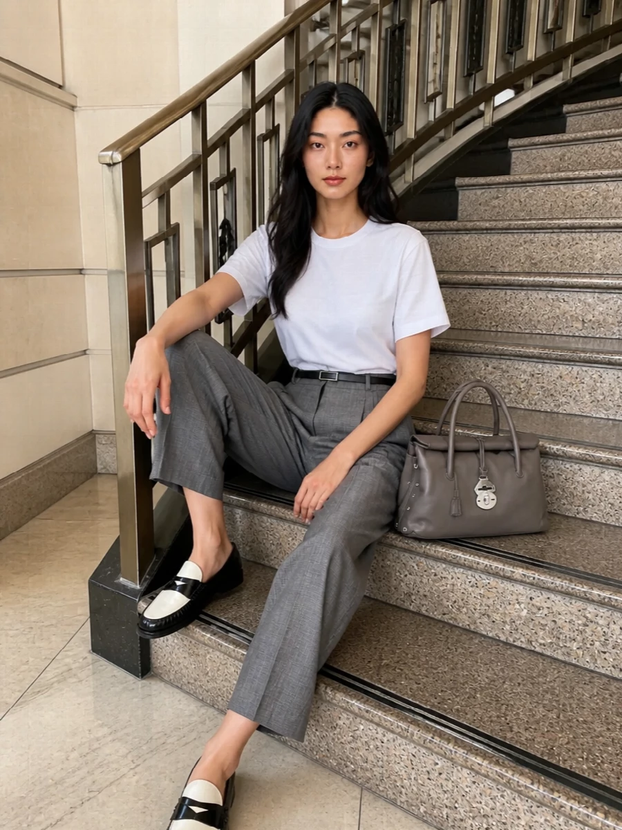A cropped grey pleated trouser is grounded with a crisp white boxy tee for a quietly precise, modern workwear uniform. Cream and black loafers and a taupe structured top-handle bag keep the palette soft but intentional, while a slim black belt defines the high waist so the volume reads sculpted rather than slouchy. The result is tailored, minimal and easy to move from daytime meetings to low-key dinners without changing a piece.