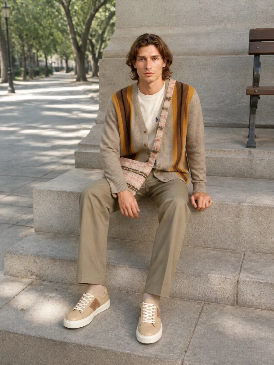 Needles cardigan outfit taupe trousers sneakers