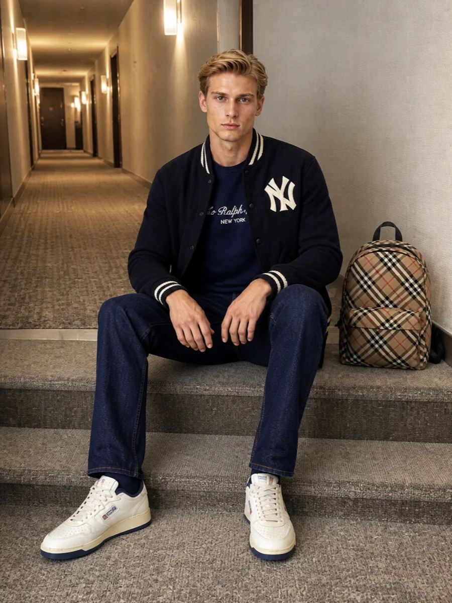 Polo ralph lauren varsity jacket jeans autry sneakers