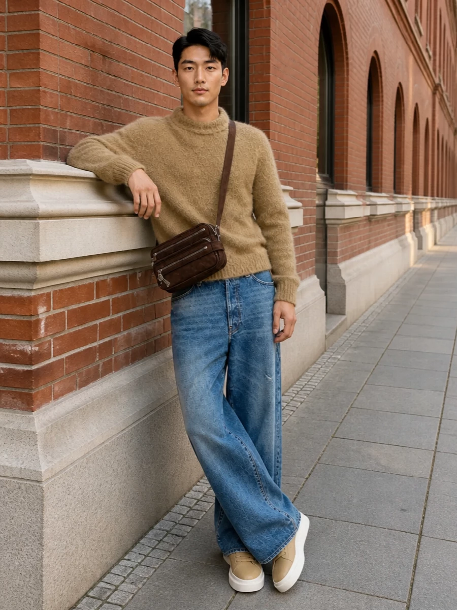 Acne studios wide leg jeans camel knit sneakers