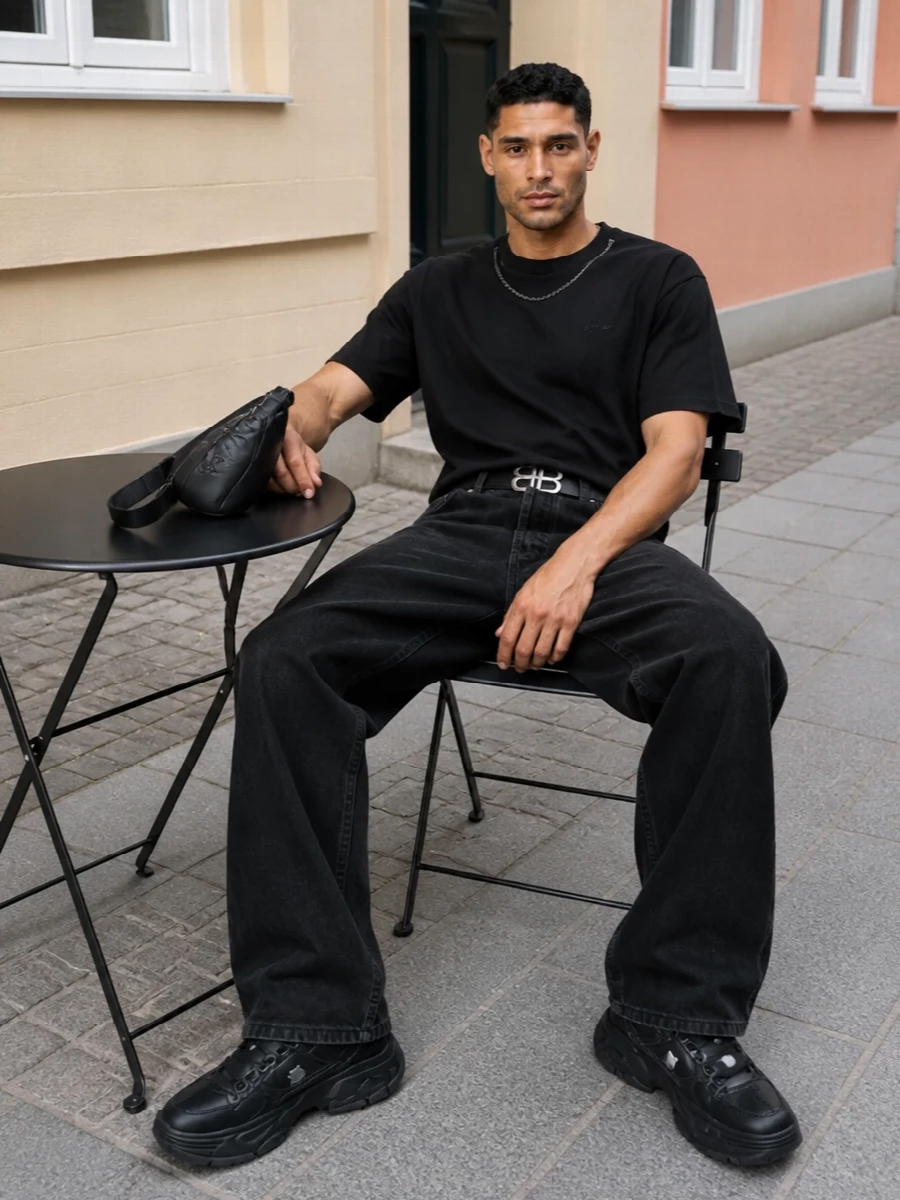 Ambush wide leg pants black chain tee amiri sneakers