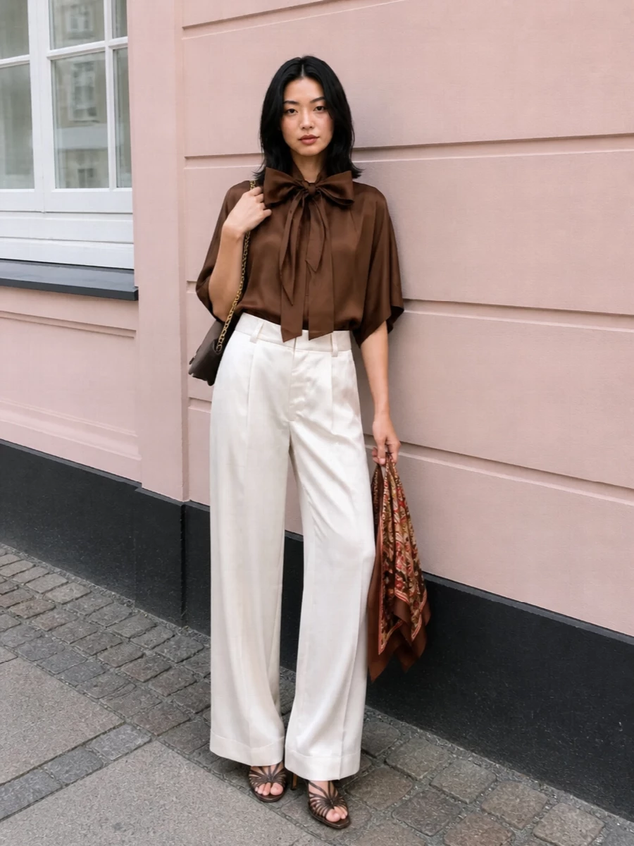 Alberta ferretti brown bow blouse ivory satin pants