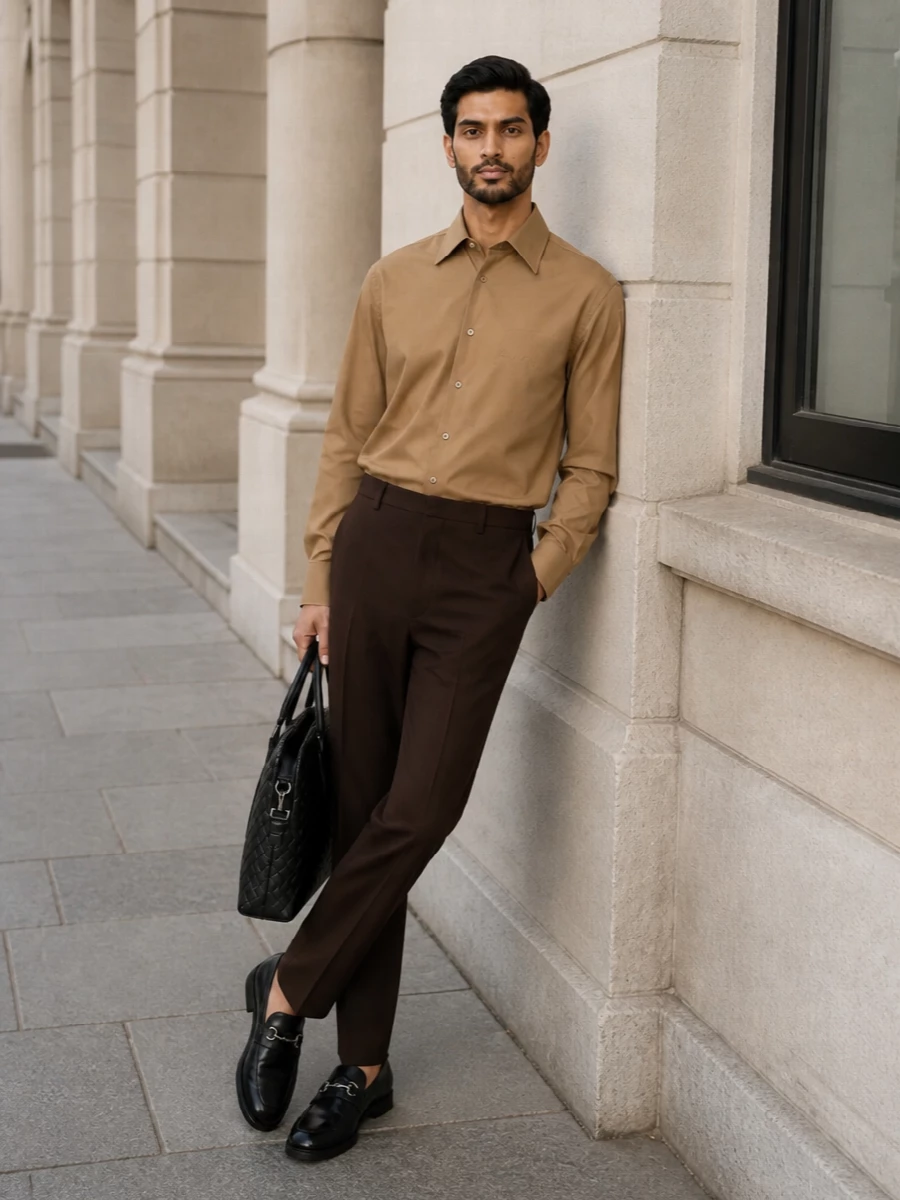 Gucci camel shirt dark trousers quiet luxury outfit