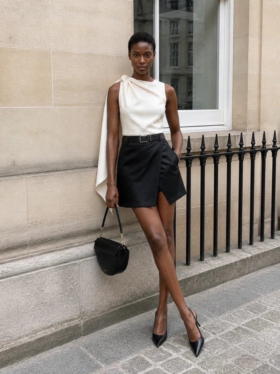An ivory satin draped top softens the graphic line of the black wrap mini, giving the outfit that cool, gallery-evening contrast of light and dark. Razor-sharp black slingbacks and a sculptural black shoulder bag keep the silhouette clean and leggy, while a slim belt quietly defines the wrap at the waist. The result is a refined, modern cocktail ensemble that feels architectural without losing ease.