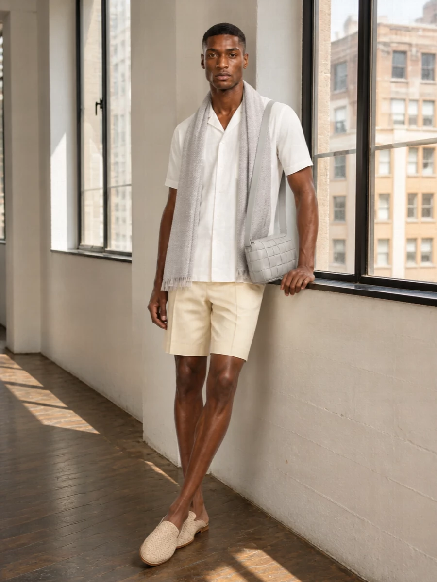 A crisp white camp shirt meets tailored buttercream shorts for a calm, tonal take on warm weather dressing. Woven slippers and a compact light grey bag add soft texture within the same muted spectrum, keeping the silhouette relaxed but precise. The result is a quietly confident summer uniform that feels considered from brunch to late terrace evenings.