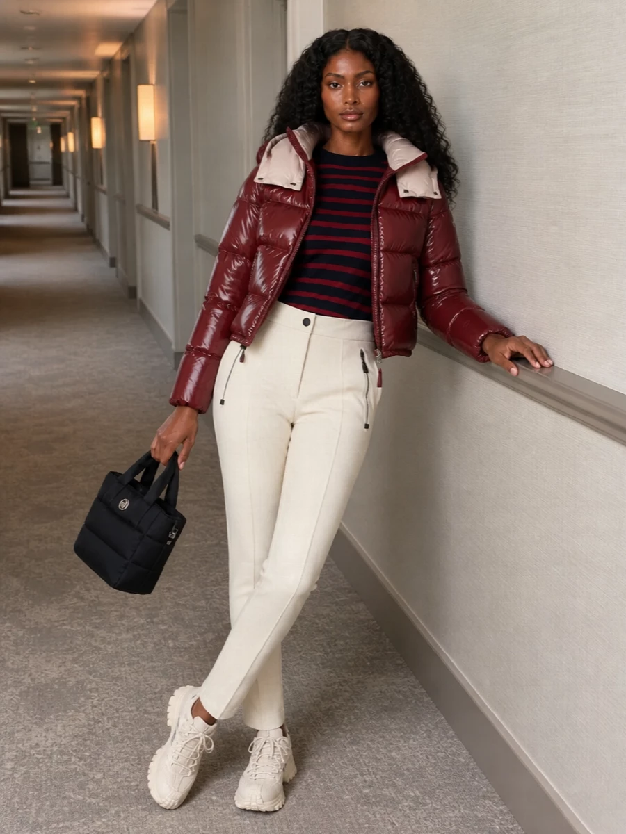 Moncler burgundy puffer striped knit white pants