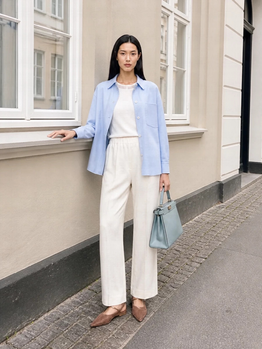Fabiana filippi blue shirt jacket ivory trousers