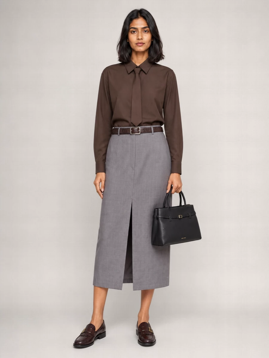 A high‑waisted checked midi skirt meets a chocolate shirt with built‑in tie for a precise, collegiate take on modern tailoring. Deep brown loafers and a matching belt ground the grey in warmth, while a structured black top‑handle bag keeps the whole composition sharp enough for boardroom to wine bar. The result is quietly assertive and minimal, with every line working to lengthen and refine the silhouette.