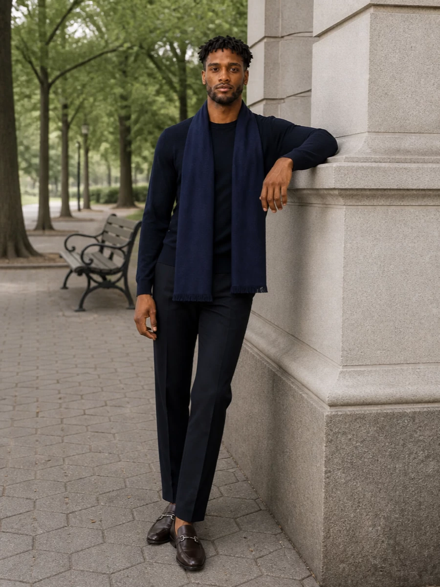 Gucci navy sweater tailored trousers loafers