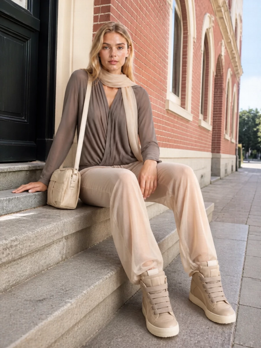 Sheer nude pants are paired with a softly draped taupe-grey wrap top for a fluid, skin-adjacent column in warm neutrals. Sculptural beige sneakers relax the mood while a butter-toned cross-body and gauzy scarf keep the palette cohesive and quietly luxurious. The result is lounge-level ease that still feels meticulously considered for warm urban days or subtle evening moments.