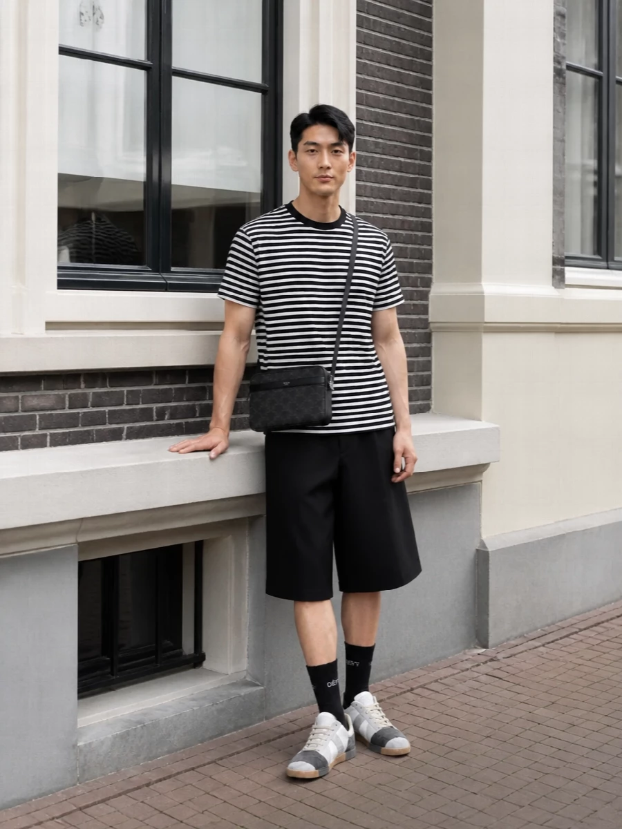 Monochrome and precise, this pairing lets the striped layered tee sit over sharp black longline shorts for a clean, almost architectural take on warm weather dressing. Margiela’s graphic sneakers and a slim Celine crossbody keep everything streamlined and quietly subversive, while the socks add just enough street energy without breaking the black and white rhythm.