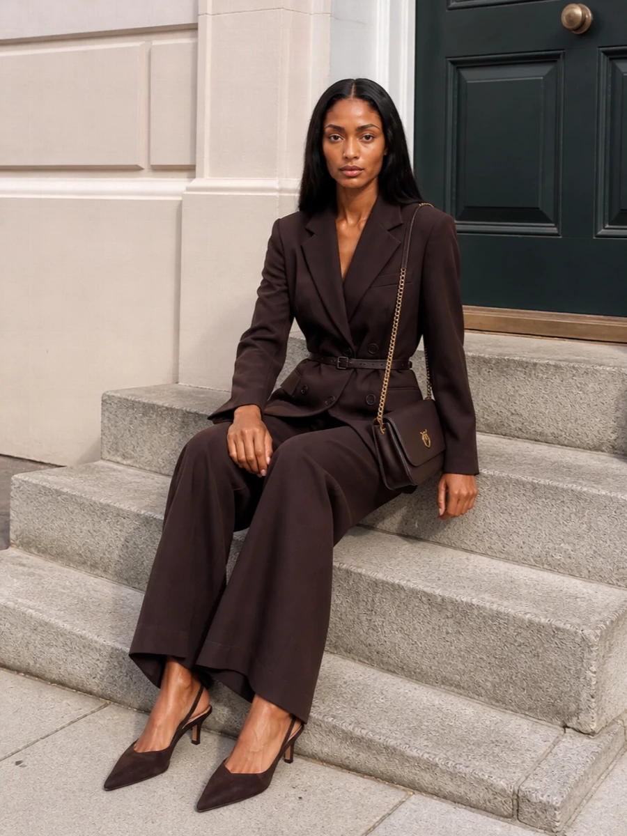 Pinko parosh brown wide leg trouser outfit