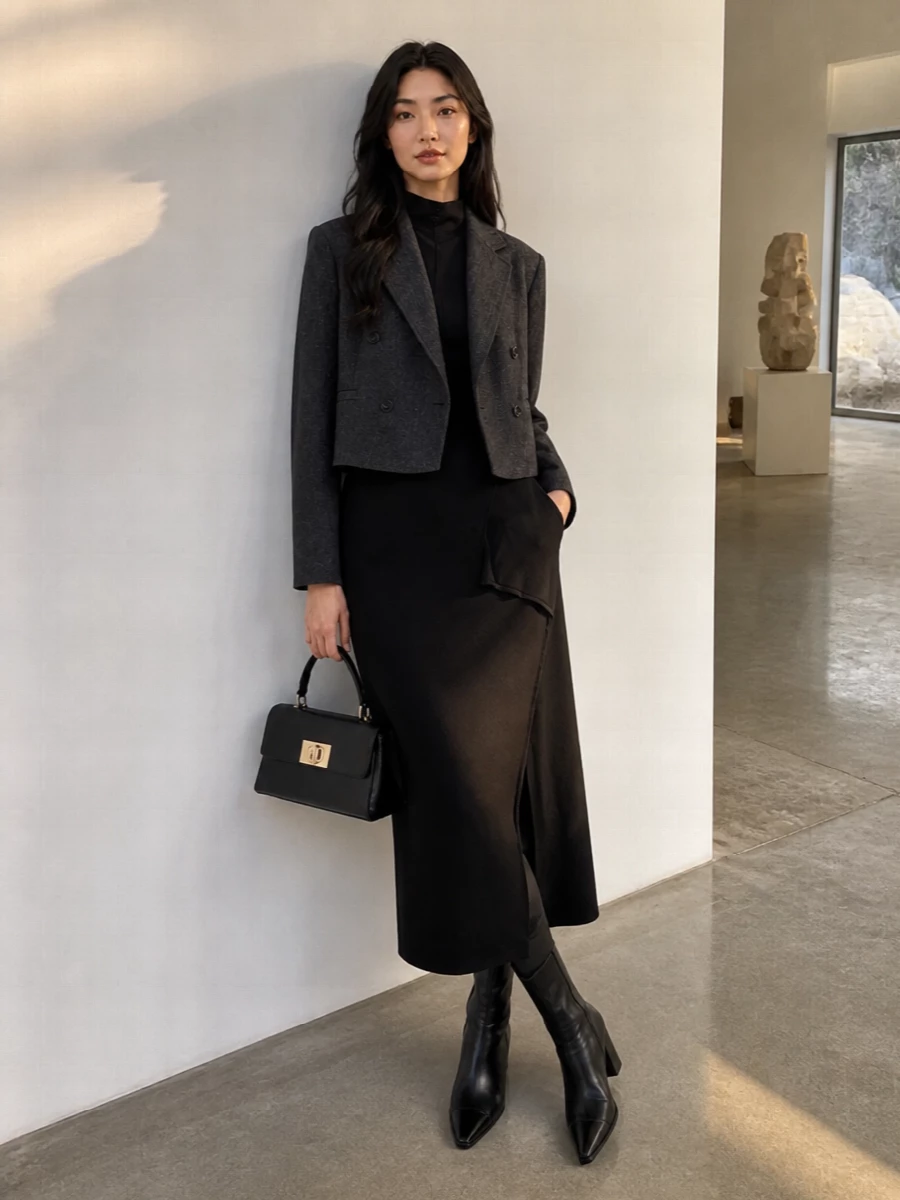 Boss blazer black knit midi dress ankle boots