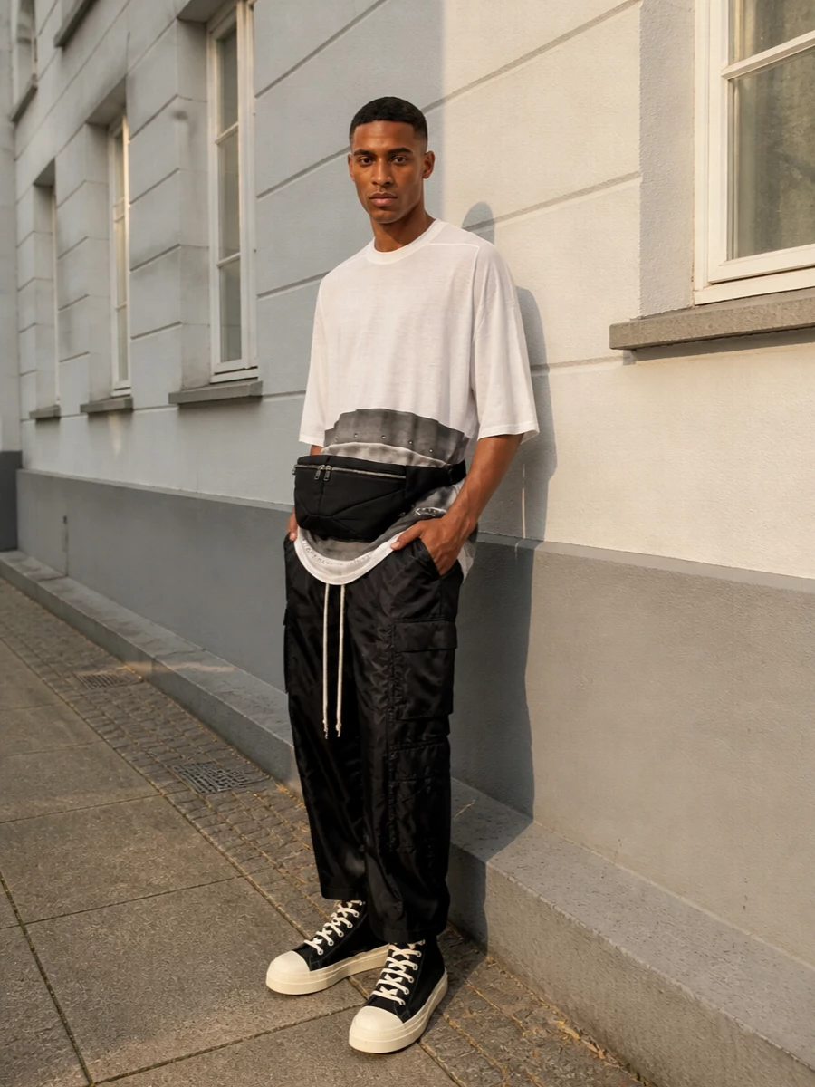 Rick owens cargo pants oversized tee outfit