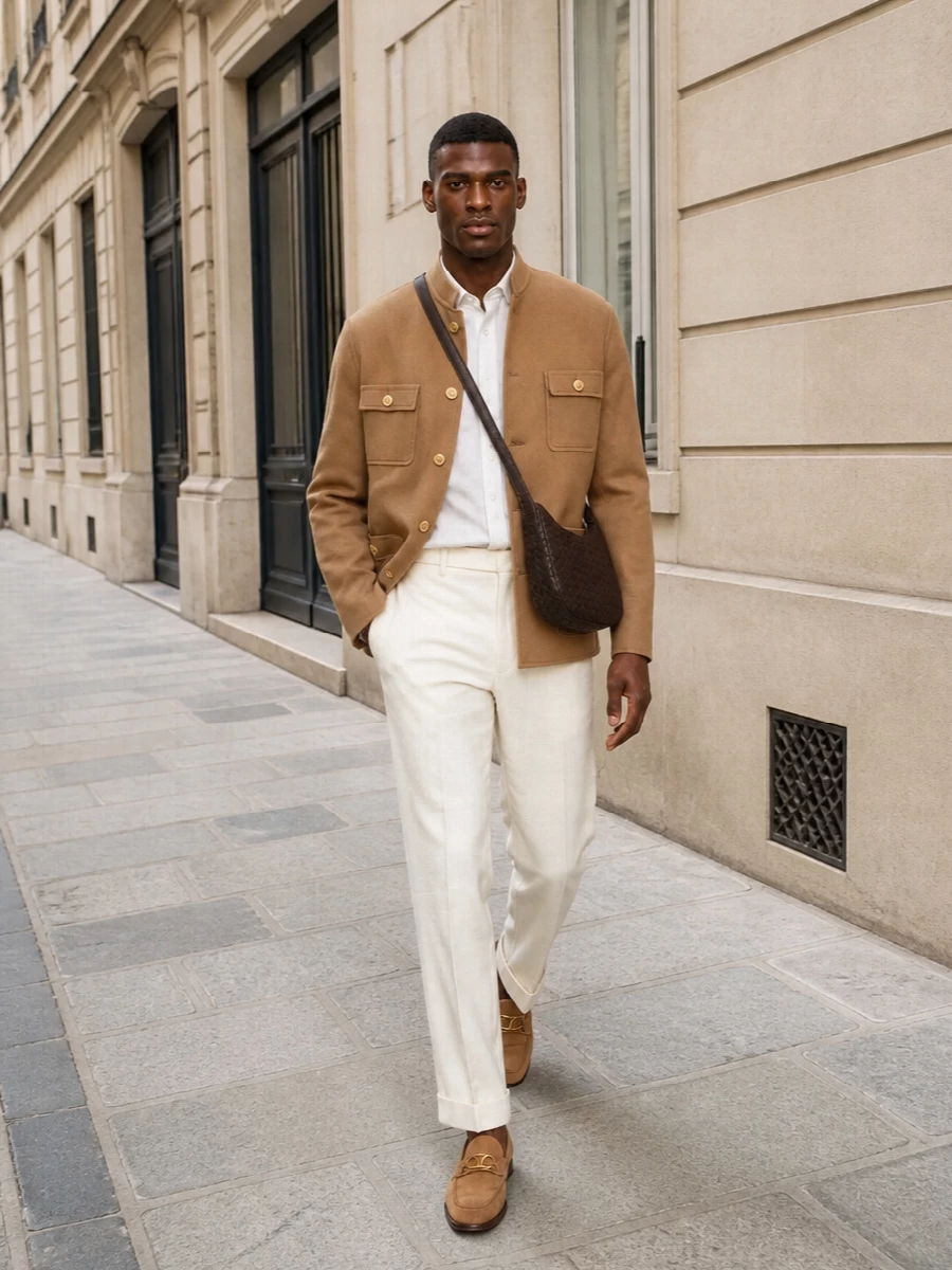 Valentino camel shirt jacket ivory trousers outfit
