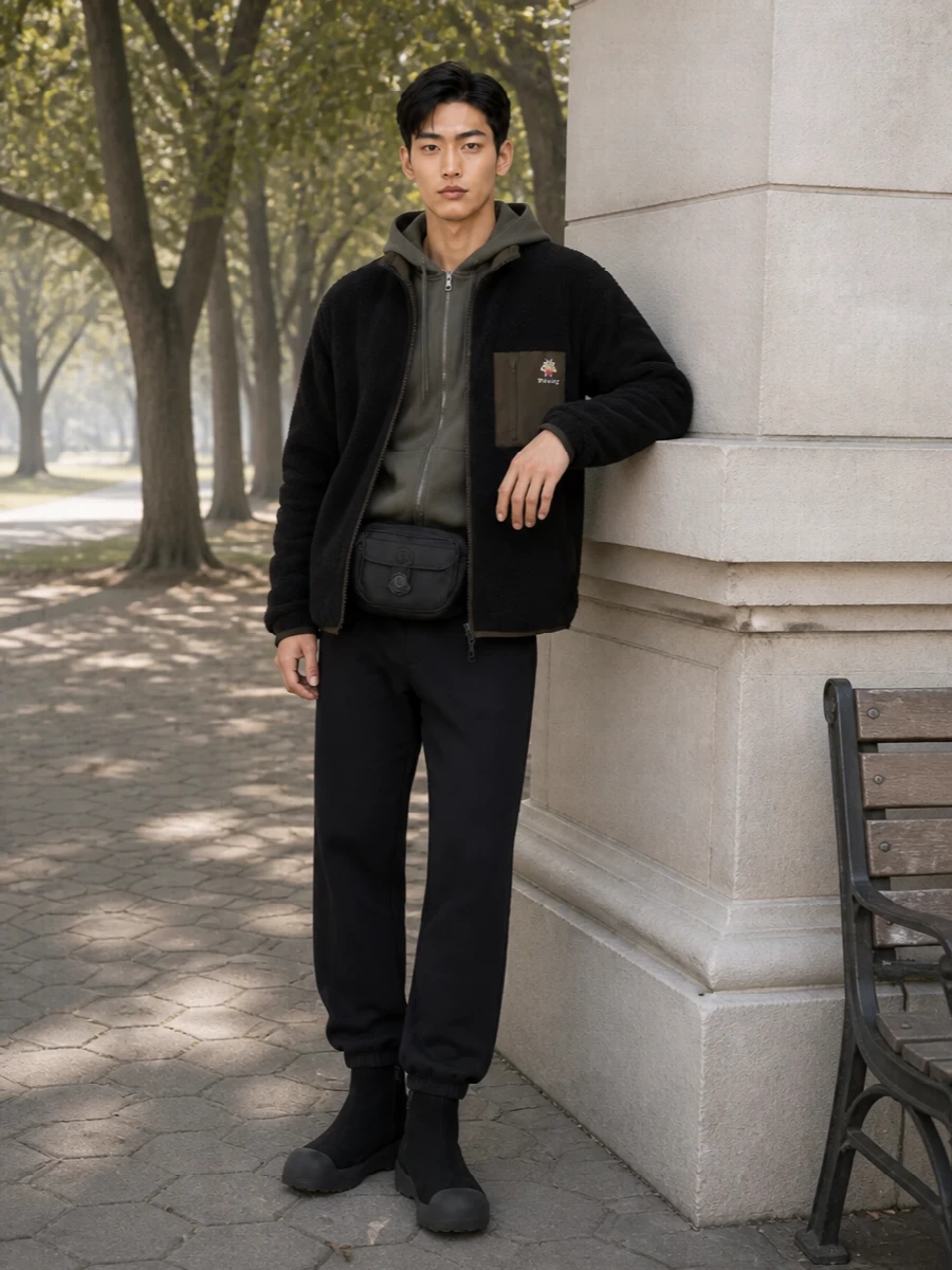 Bally fleece jacket joggers boots outfit