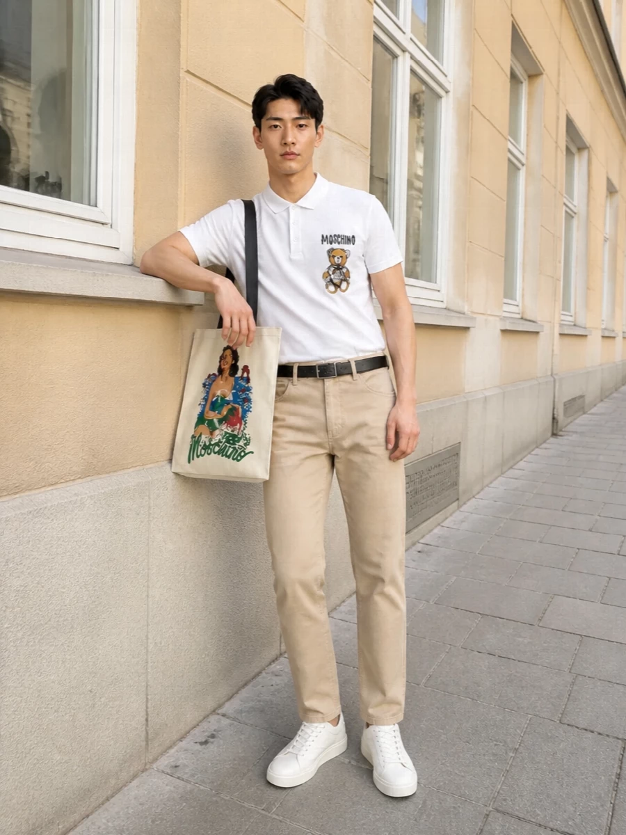 Moschino teddy polo beige trousers outfit