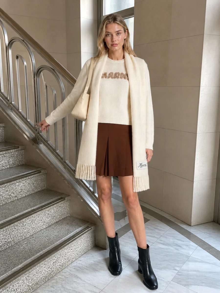 Marni ivory logo sweater brown mini skirt outfit