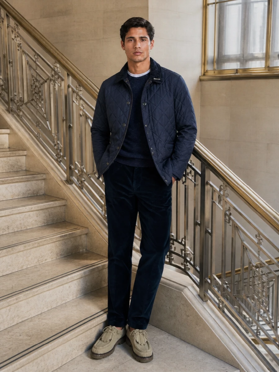 Barbour quilted jacket navy corduroy outfit