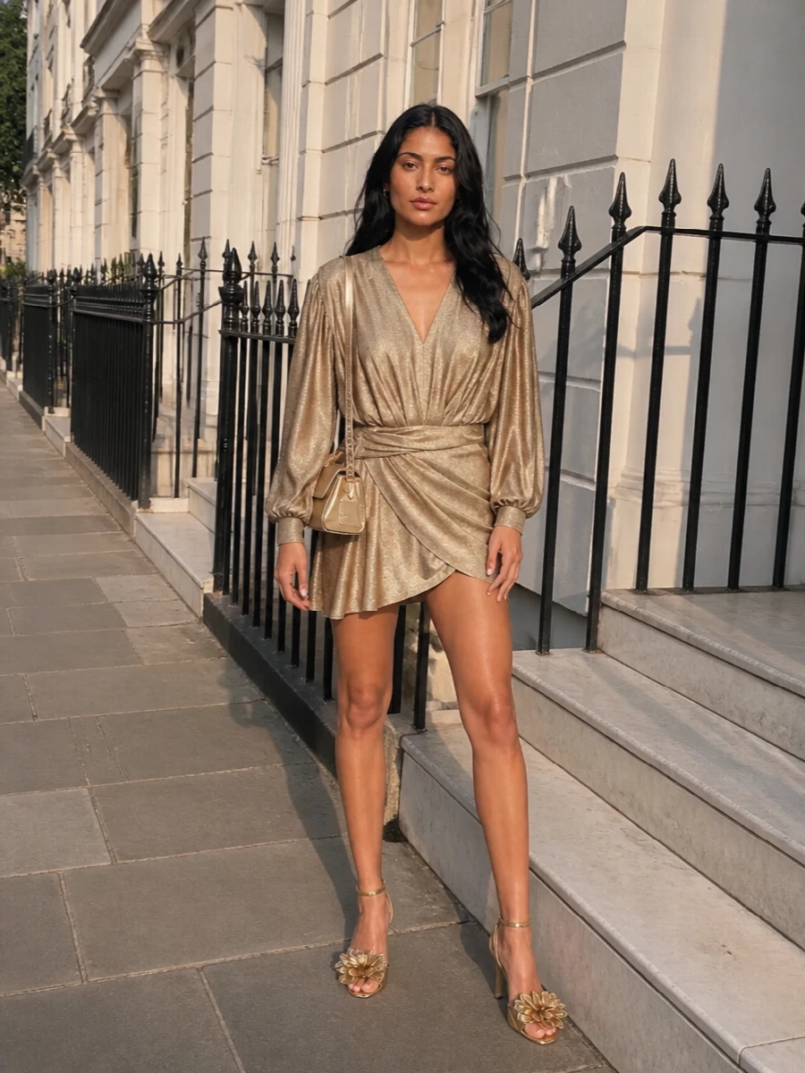 This is pure modern cocktail drama, built around liquid antique-gold draping and a compact metallic Dolce & Gabbana shoulder bag. The matching gold Jimmy Choo sandals keep the palette tight and luminous, while the sculpted mini silhouette and bare leg balance all the shine with just the right amount of skin. Choosing the dress path lets the metallics read as one statement story instead of splitting focus across separate top and skirt.
