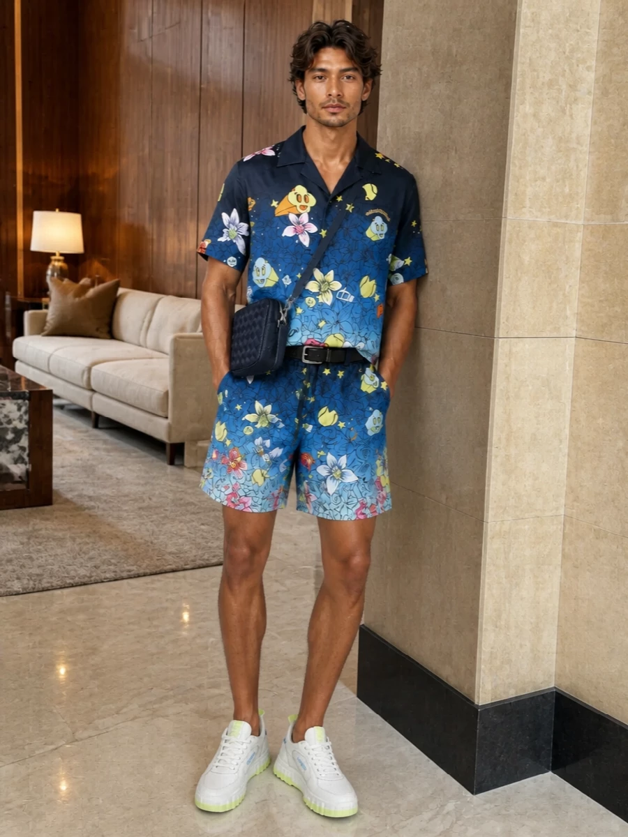 This look leans into a full Casablanca moment: the cartoon floral camp shirt and matching gradient deck shorts create a unified, graphic statement in navy, cobalt and lemon. Chunky white sneakers with cobalt and neon accents keep it firmly in the sporty Y2K streetwear space, while a structured navy intrecciato crossbody and slim black belt introduce a layer of quiet luxury to balance the playfulness. It’s relaxed, high-summer resort energy that still feels considered and put-together.