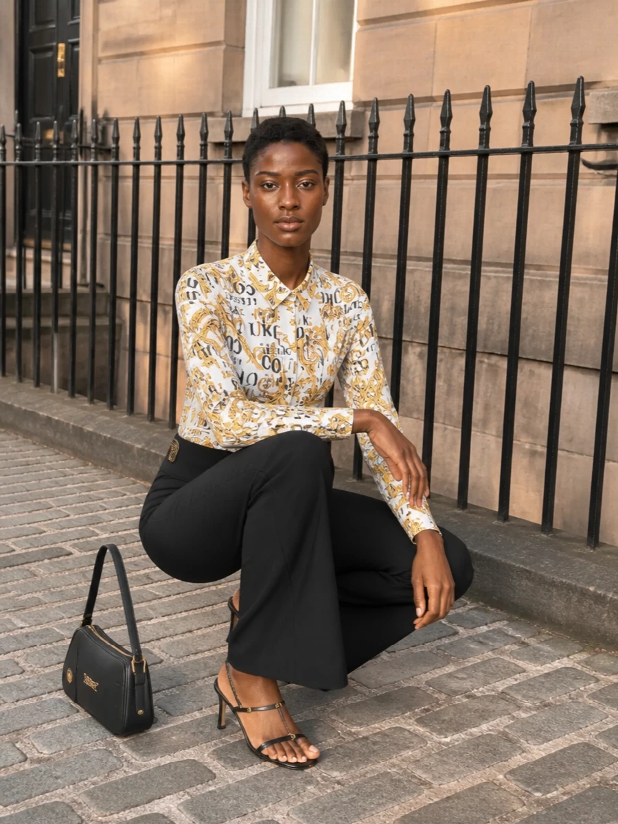 Versace baroque shirt black flared trousers outfit