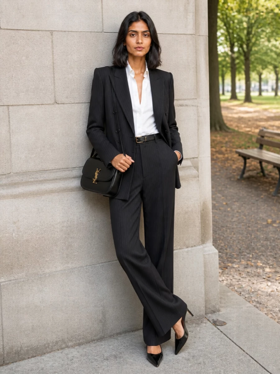 Saint laurent pinstripe suit black slingback heels