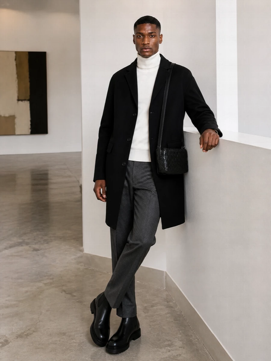 Bottega veneta black coat turtleneck outfit
