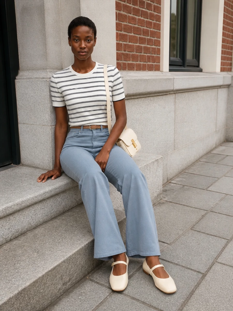 Apc wide leg trousers breton knit outfit