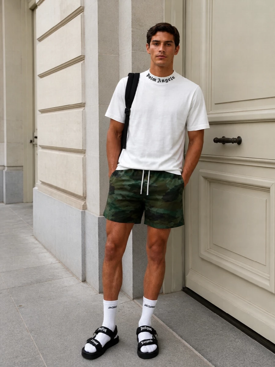 Palm angels camo shorts logo tee sandals