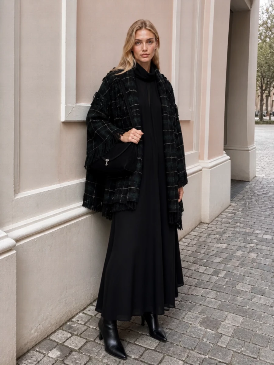 Toteme cape black column dress ankle boots