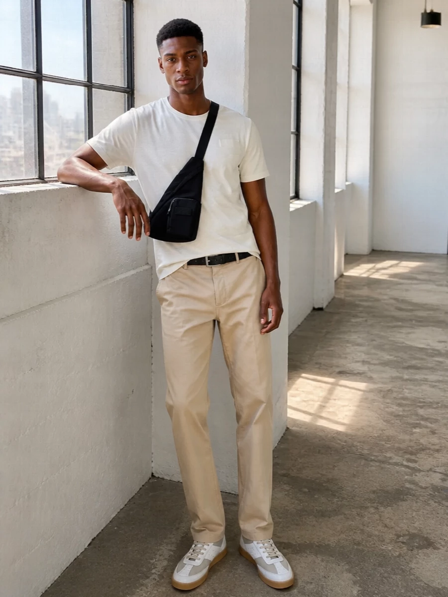 Moschino beige trousers neutral sneakers outfit