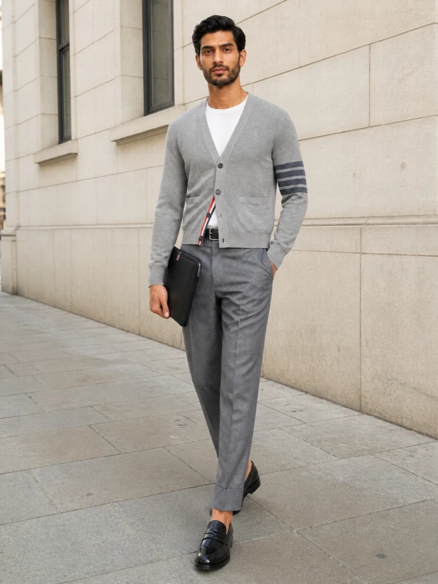 Thom browne grey cardigan cropped trousers outfit