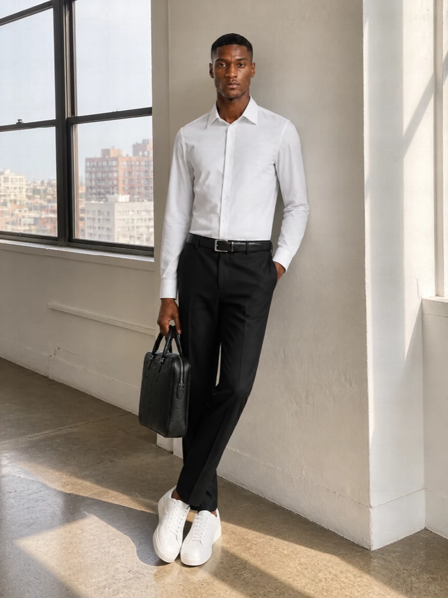 Armani white shirt gucci charcoal trousers sneakers