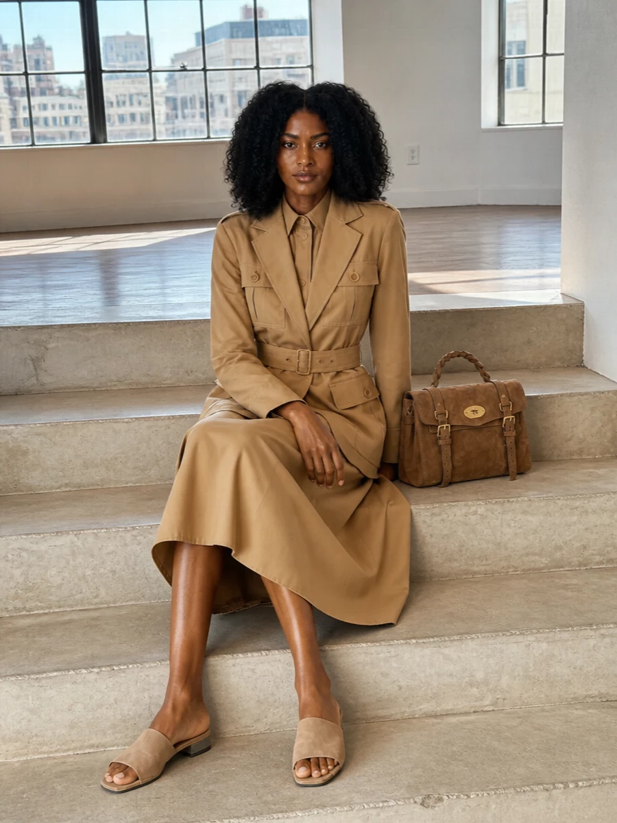 I’ve treated the Max Mara safari jacket as a refined utility layer over the Moncler camel shirt dress, so you get tonal column dressing with structure at both shoulders and waist. Brunello Cucinelli’s suede slides keep it walkable and quietly polished, while the Mulberry satchel brings just enough hardware and function to feel ready for real city days rather than pure occasion wear.