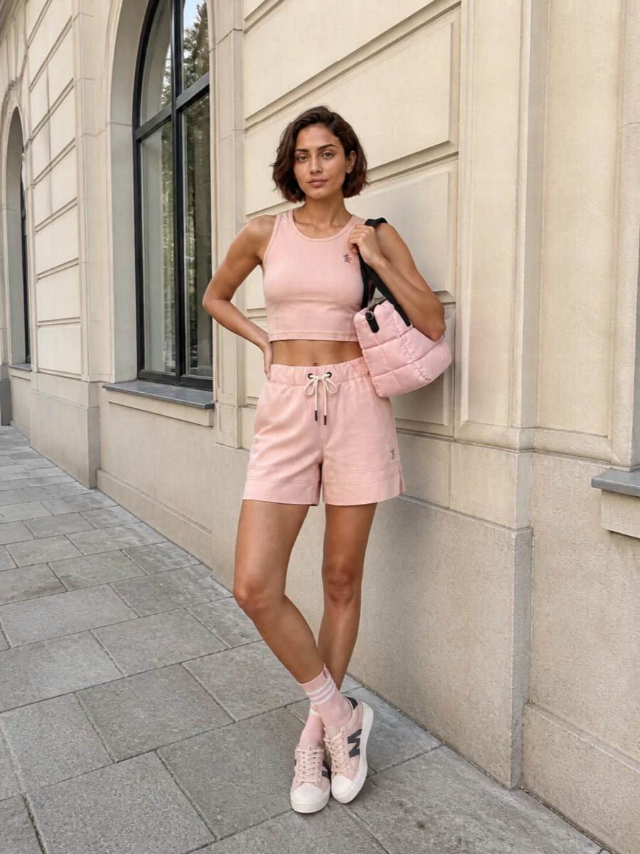 A monochrome blush and cream story keeps this off-duty set feeling sharp rather than sweet, with technical fabrics and clean lines grounding the palette. The cropped tank and relaxed short balance proportion for warm days, while low-profile sneakers and a padded tote keep the mood sporty but considered. It is an easy uniform for city walks, travel days or low-key weekends when you want polish with zero effort.