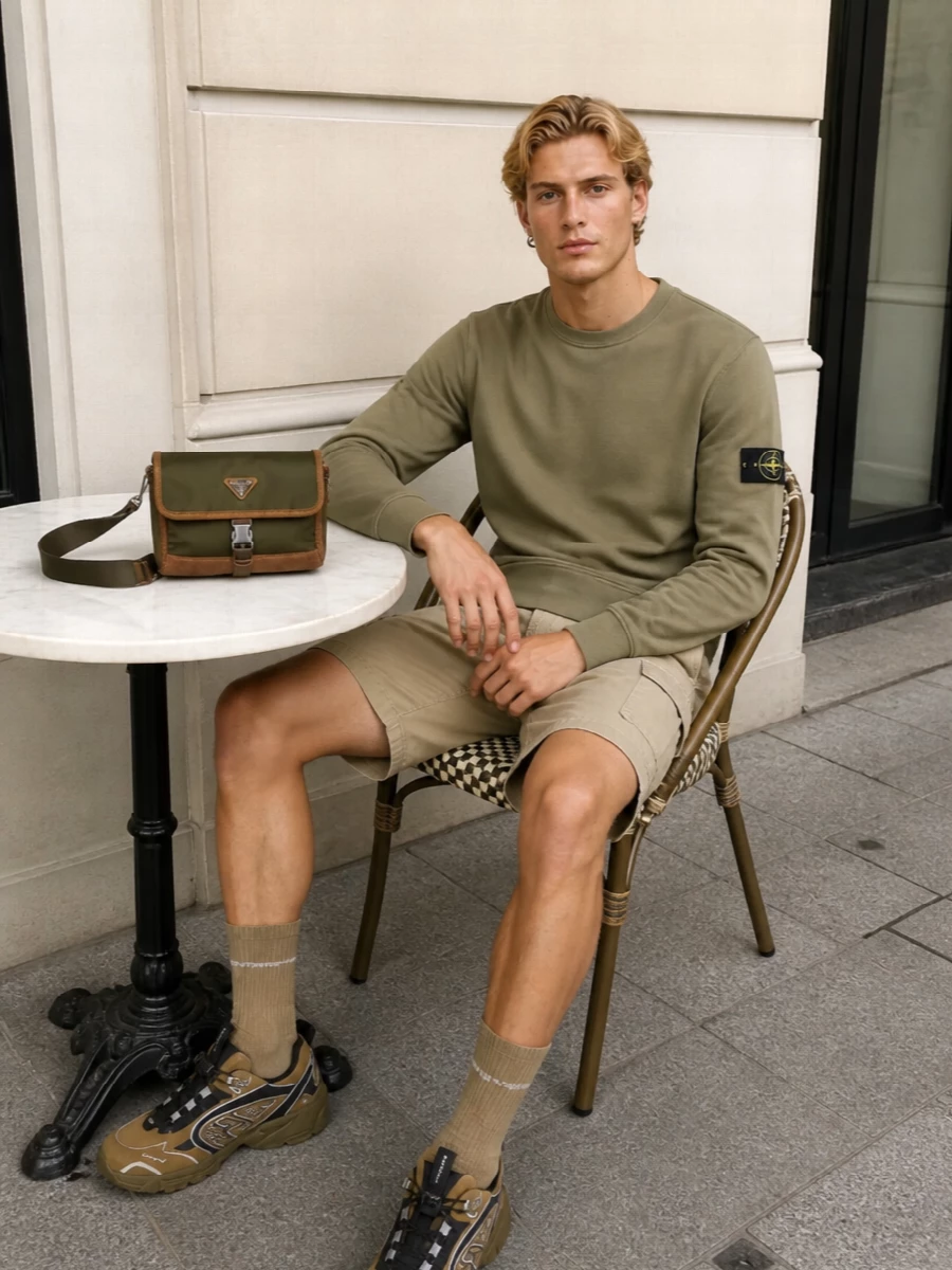 Stone island khaki cargo shorts balmain sneakers