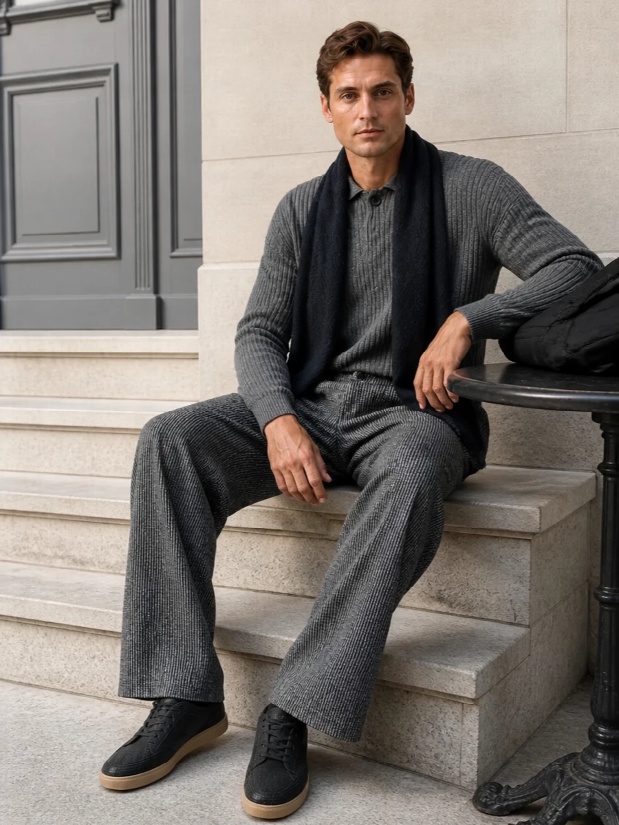 Giorgio armani grey wide leg trousers sneakers outfit
