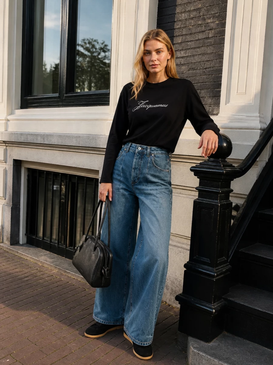Jacquemus logo tee wide leg jeans sneakers
