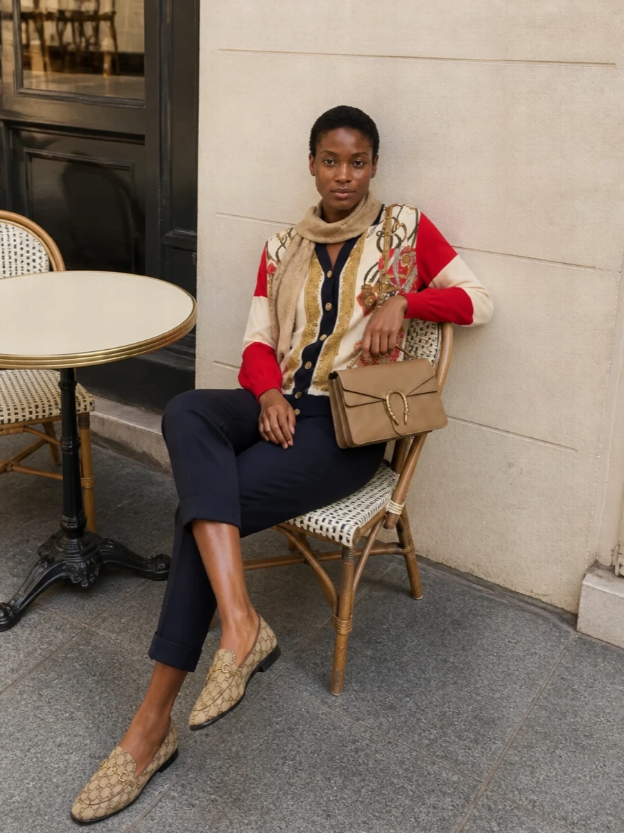 Gucci cardigan tapered trousers loafers outfit