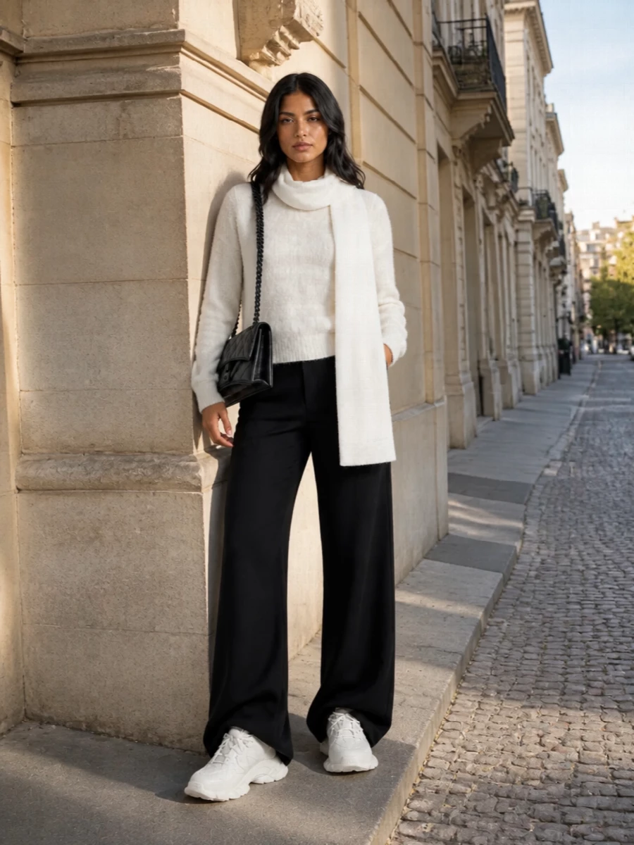 Balenciaga ivory sweater black wide leg pants