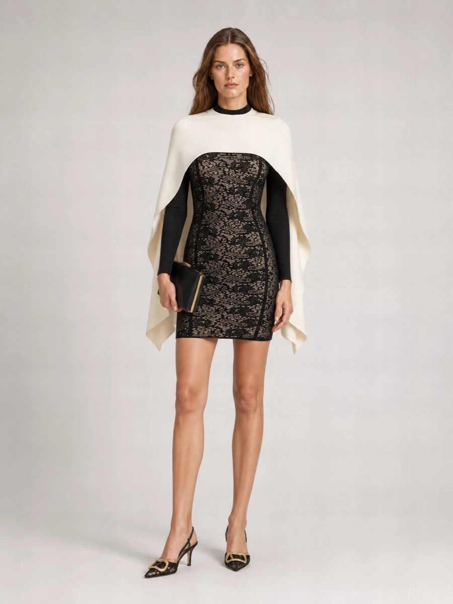 Elisabetta Franchi Jacquard High-Neck Long-Sleeve Mini Dress