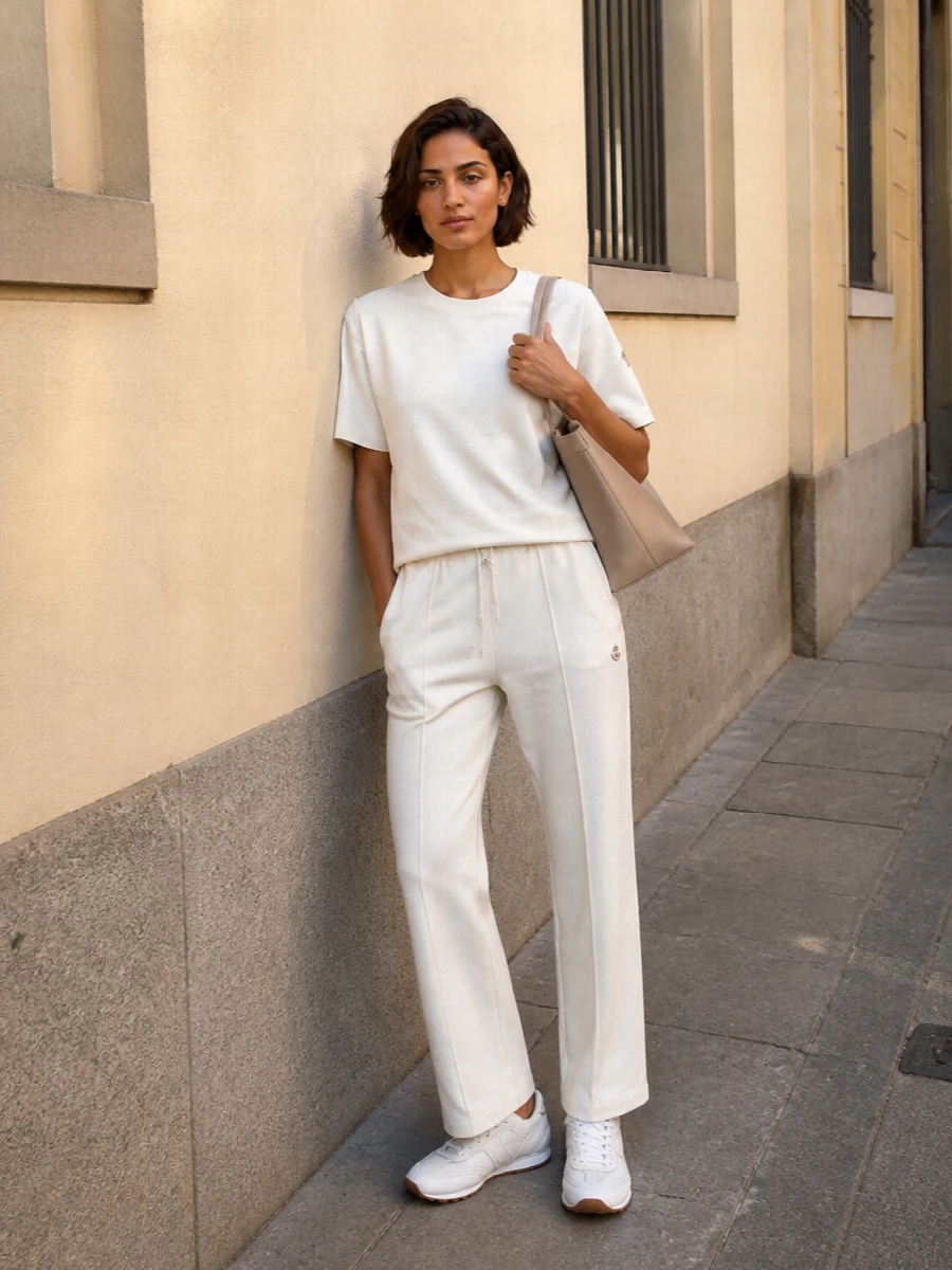 An off white Moncler pairing sets a calm, quietly sporty base, with the boxy tee echoing the track pant’s clean lines for a modern, unfussy silhouette. White leather runners keep everything light and agile, while the structured powder-beige tote brings just enough polish for city errands or airport days without disturbing the minimal mood.