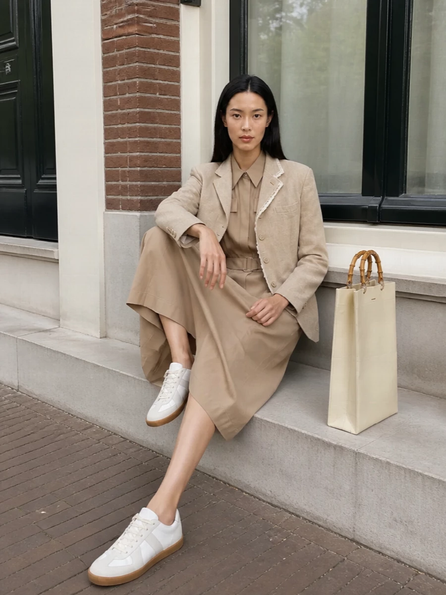 Comme des garcons blazer beige shirt dress outfit