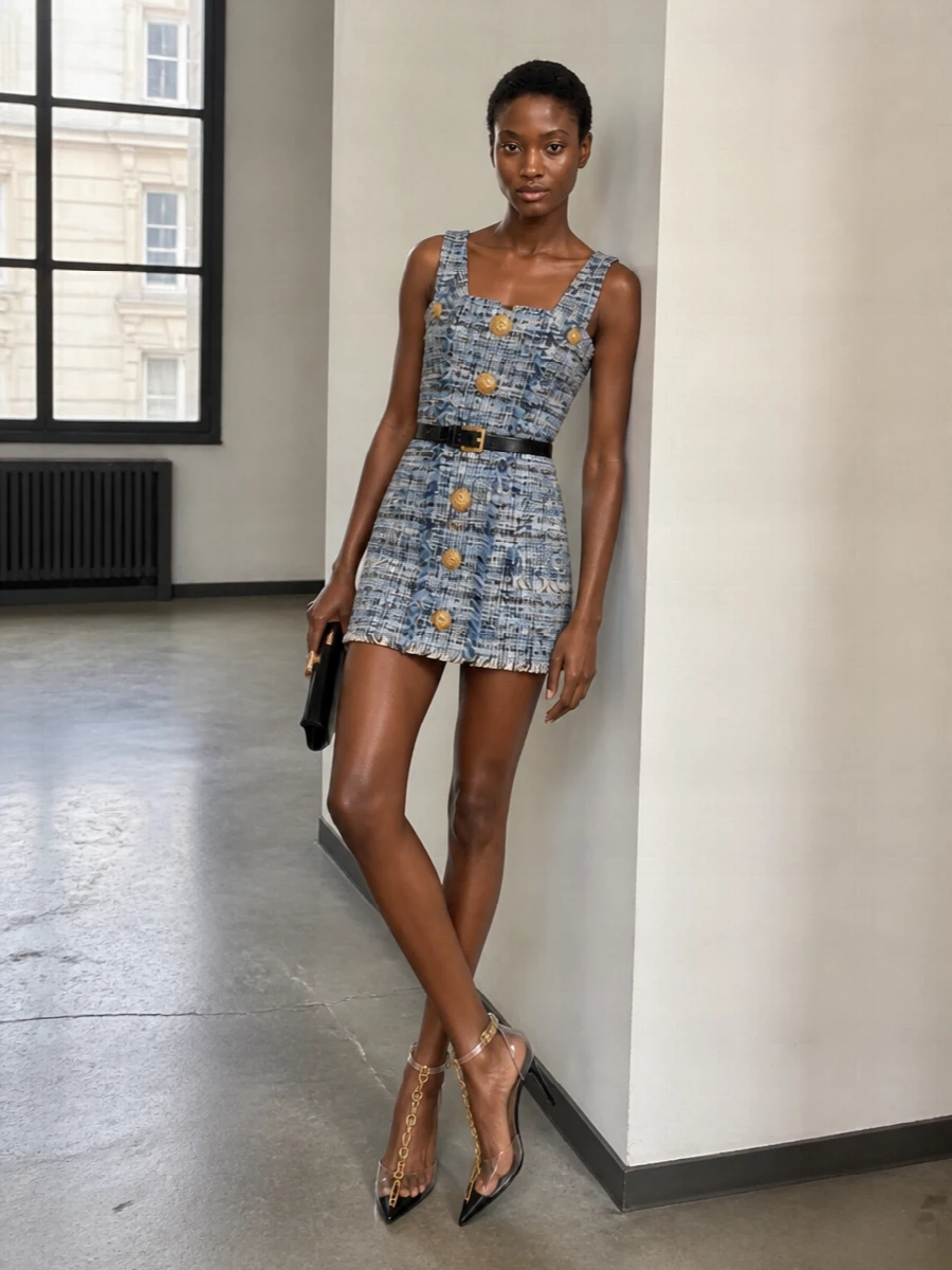 This look frames the powder-blue tweed mini with sleek black and gold accents, letting the dress’s structure and buttons take center stage. Transparent chain-detailed stilettos and a minimal black clutch keep the silhouette light and elongating, while a slim belt crisps the waist for a polished, rooftop-cocktail-ready finish. The result is sharp, feminine Balmain glamour that still reads refined and modern rather than over-styled.