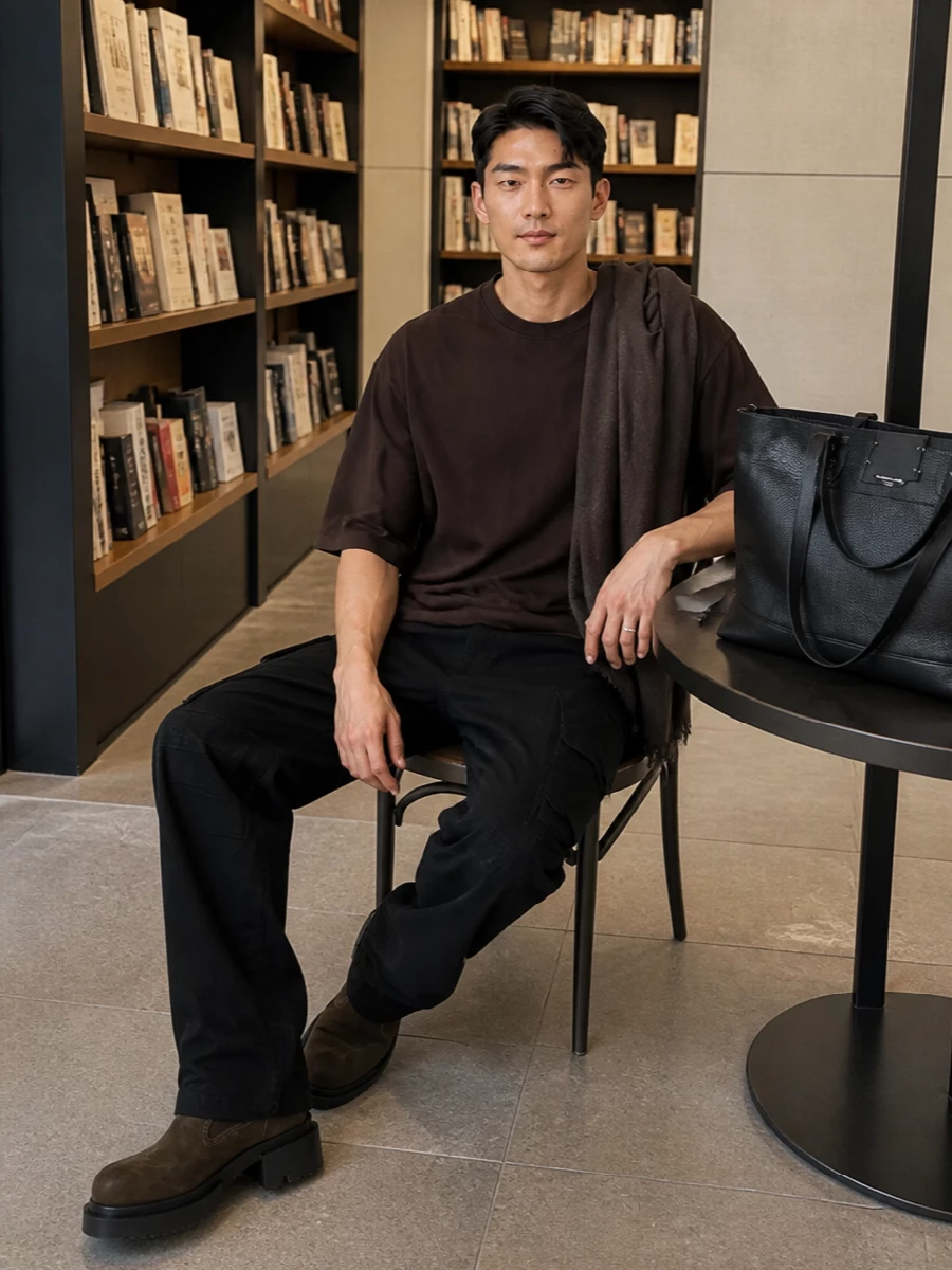 Rick owens brown oversized tee cargos boots