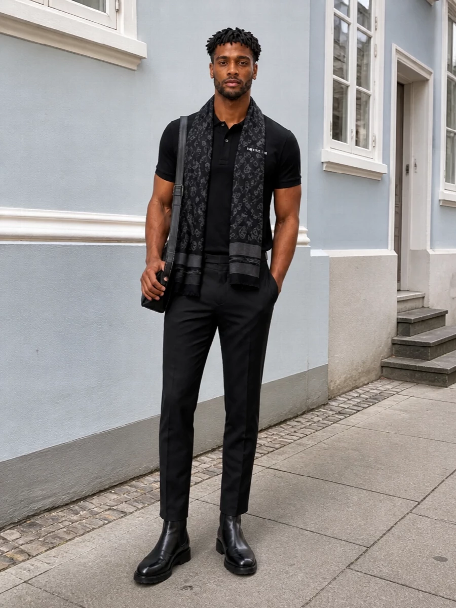 An all‑black McQueen uniform that balances a clean polo with razor‑sharp slim tailoring. Chelsea boots and a structured shoulder bag keep it city ready, while the tonal scarf adds just enough attitude. It is minimal, polished and easy to wear from daytime meetings to dinner reservations.