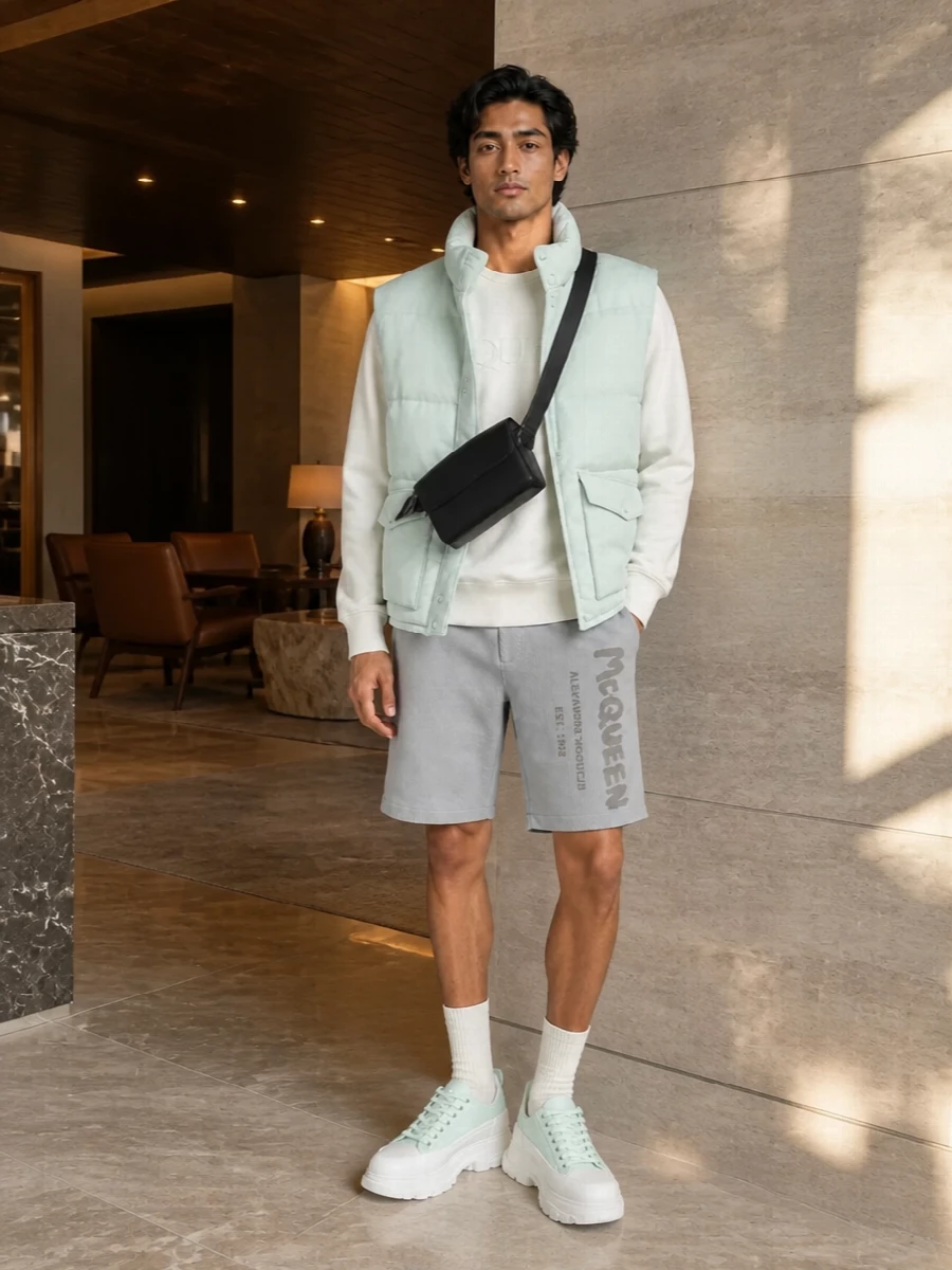 Alexander mcqueen mint gilet logo shorts outfit