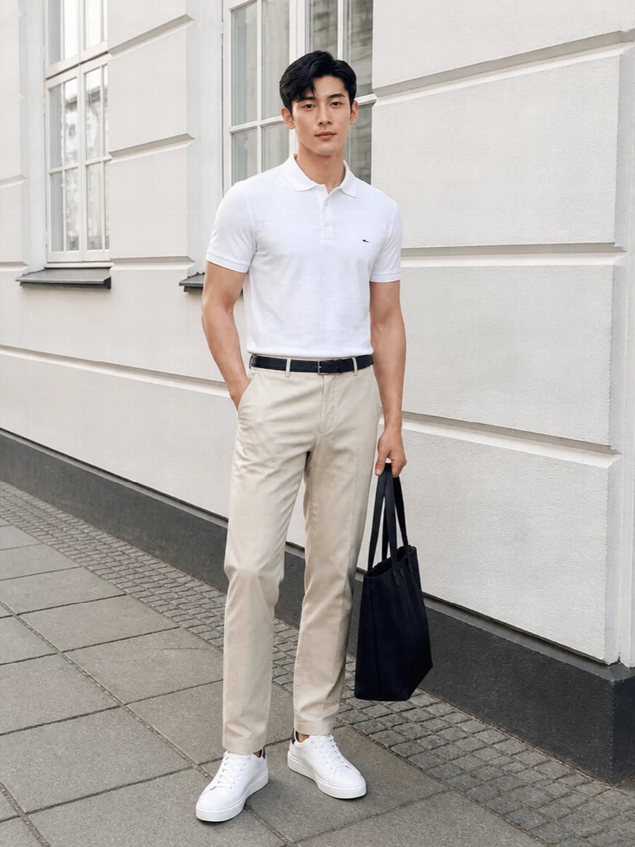 A crisp white polo with light beige trousers creates a clean, nautical take on smart casual that works from marina brunch to city terrace. White and navy-accented sneakers keep the energy sporty rather than formal, while a navy tote and discreet belt finish the outfit with practical, understated polish. The proportions stay classic and easy, so the palette and textures do the quiet work for you.