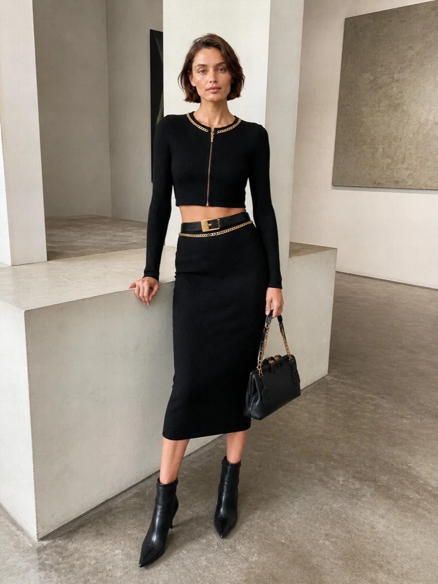 Elisabetta franchi black gold chain pencil outfit